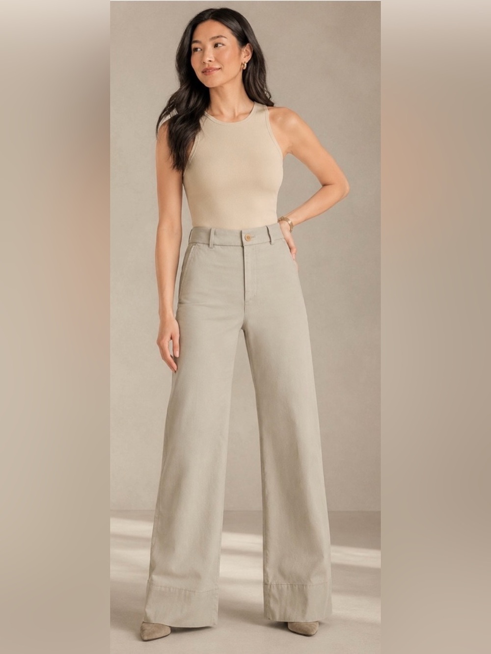 SPANX supersmooth Stretch Twill Wide Leg Pants Hidden Zip Pockets Bone | Size L